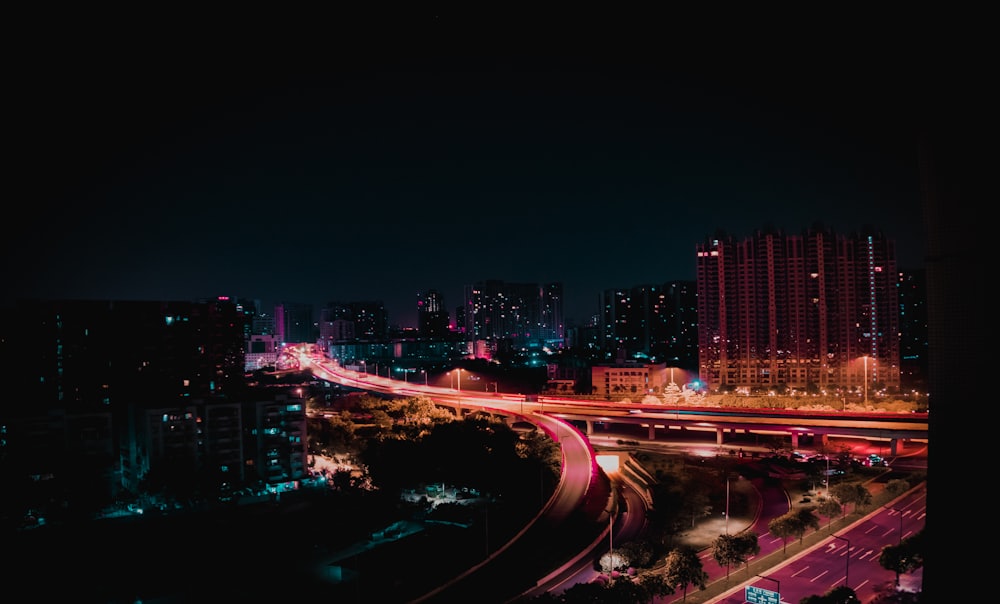 Aerial city road network at night